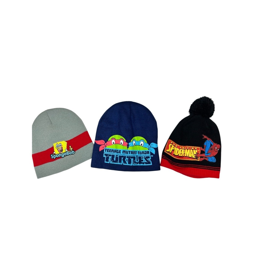 SpongeBob TMNT Spider-Man Boys Beanie Bundle Kids Winter Hats Character Warm - Picture 1 of 8